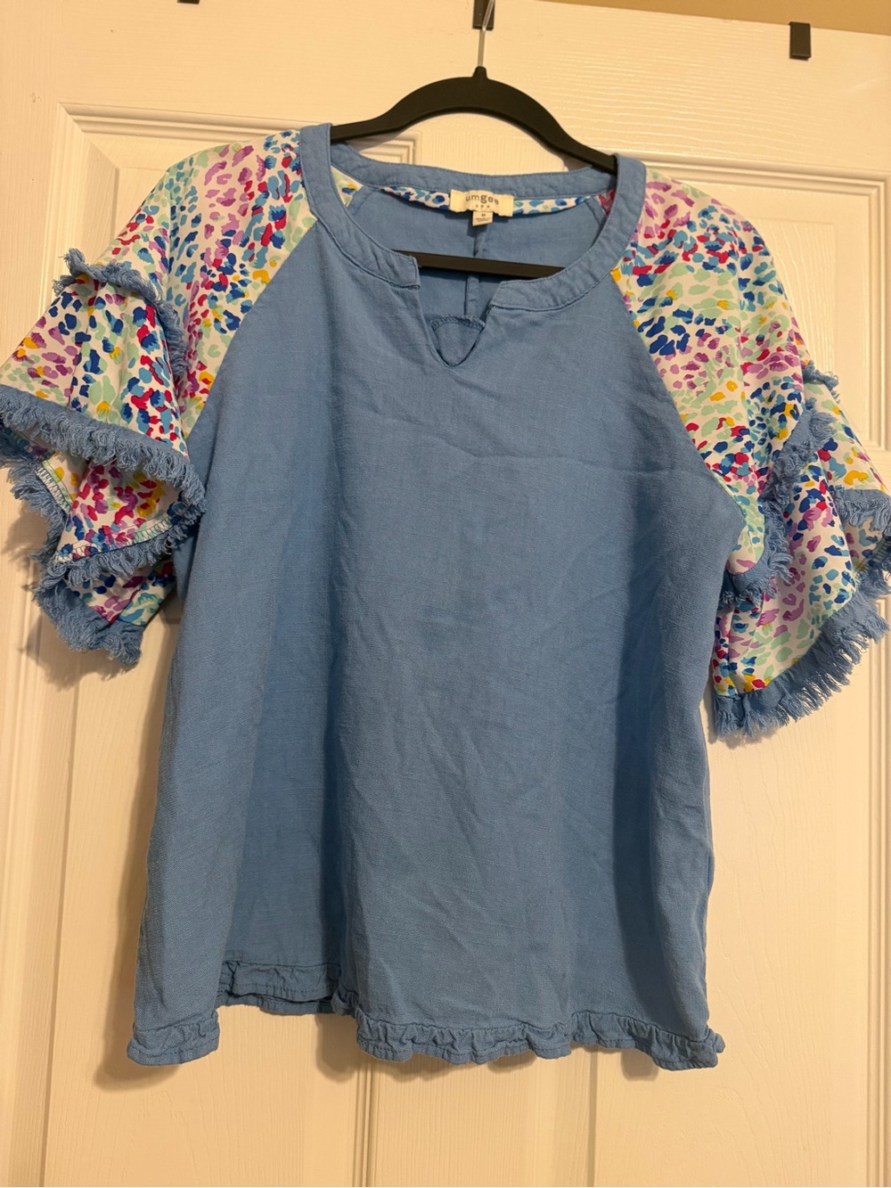 Impo Sky Blue Tunic with Multicolor Printed Raglan Sleeves